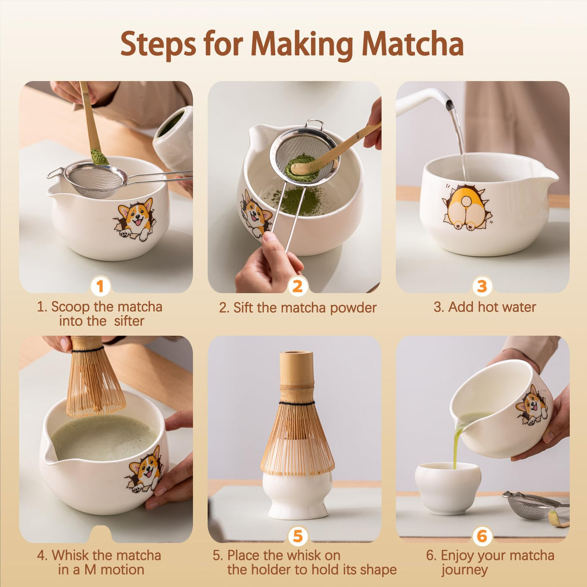 Matcha Set with Dog Pattern (Cream)