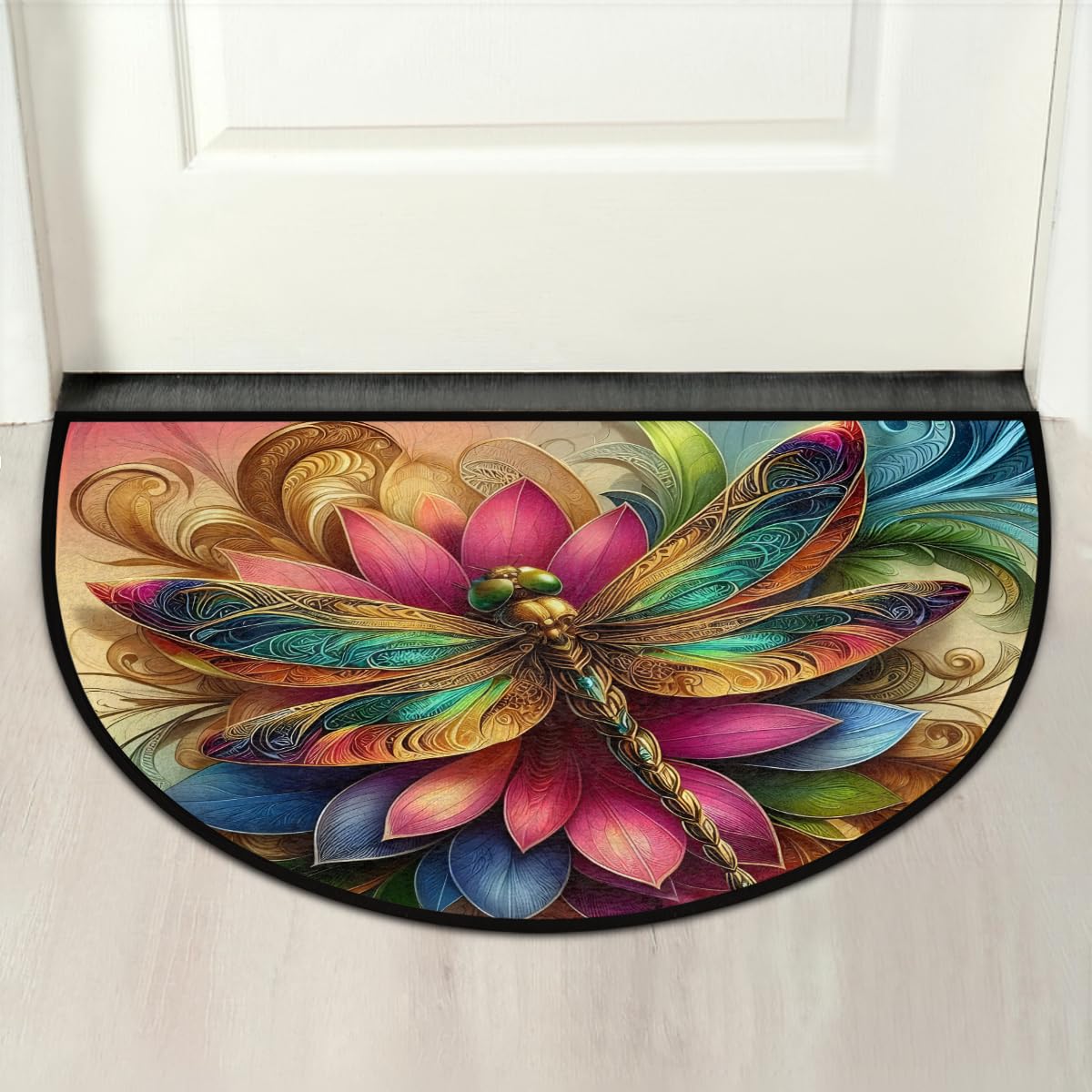 Colorful Dragonfly Gold Half Round Mat Half Moon Door Rug Washable Durable Semi Circle Carpet Floor mats for Indoor Outdoor Bathroom Kitchen Patio Hearth Rug Laundry Room Home Decoration (D 021)