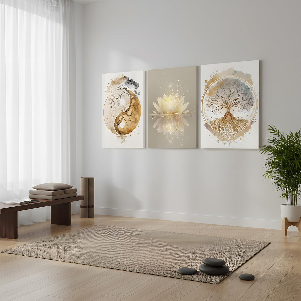 Tree of Life Wall Art Canvas Framed Set of 3 Lotus Zen Wall Decor Painting Poster Abstract YinYang Fall Art Picture Print Artwork for Living Room Yoga Room Bedroom Home Decoration 12x16 inch (Tree Canvas A / 16L"x12W")