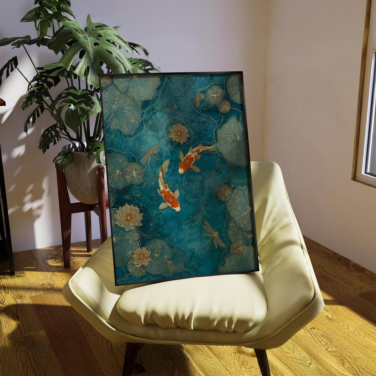 Japanese Koi Fish Zen Black Framed Canvas Wall Art Traditional Oriental Asian Prints 11x14 inch Elegant Emerald Green Pond Koi Fish Posters for Office Home Bedroom Meditation Yoga Spa Room Decor (Black Framed / Japanese Posters / 14"L x 11"W)