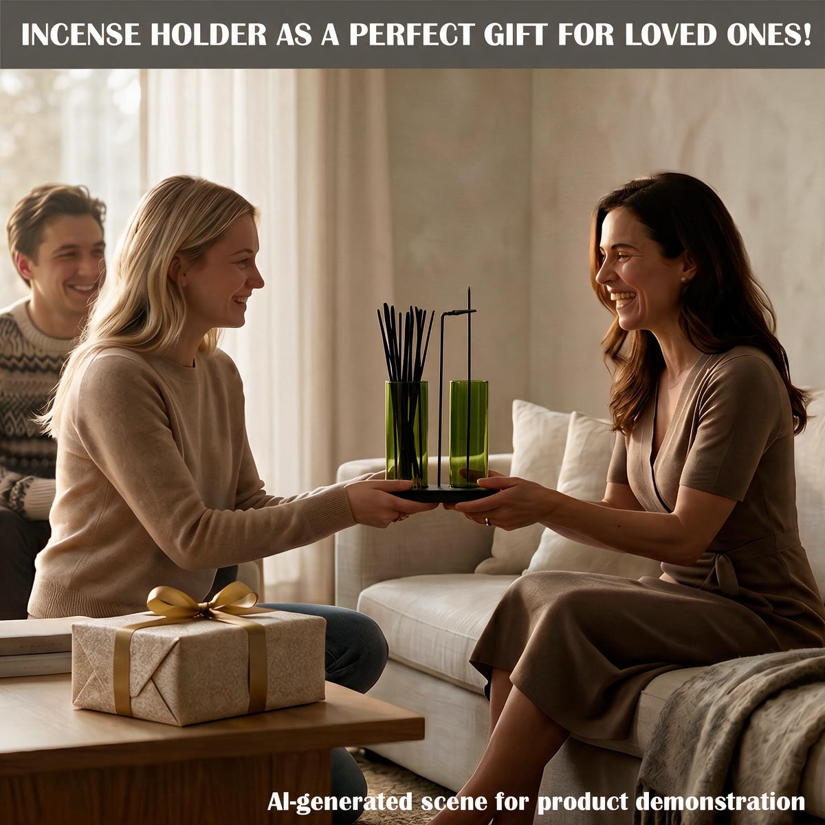 Incense Holder for Sticks Upside Down Hanging Incense Burner with Removable Glass Ash Catcher and Wooden Base (Green)