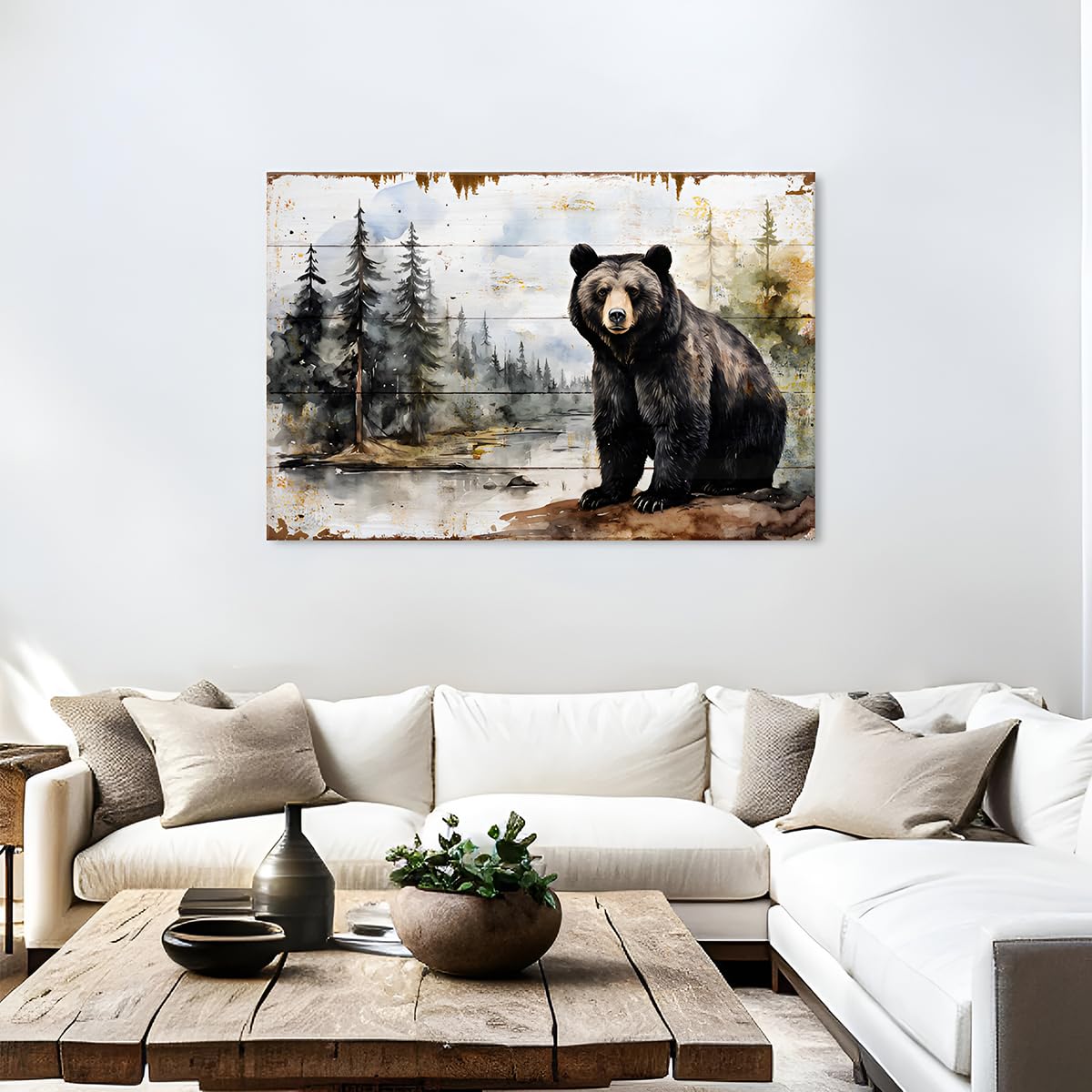 Bear Wall Art Wildlife Bear Painting Woodland Forest Picture Wall Decor Farmhouse Cabin Home Decorations Rustic Animal Canvas Poster Prints Pine Trees Painting Artwork for Bathroom Living Room 32x48” (48"L x 32"W / Bear Forest)