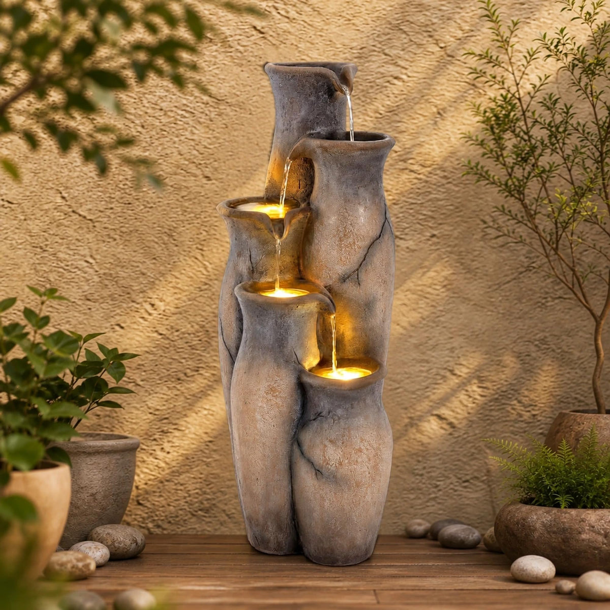 33" Faux Terracotta Vase Water Fountain Outdoor with Warm LED Lights (Tone Rustic Terracotta 33"h)