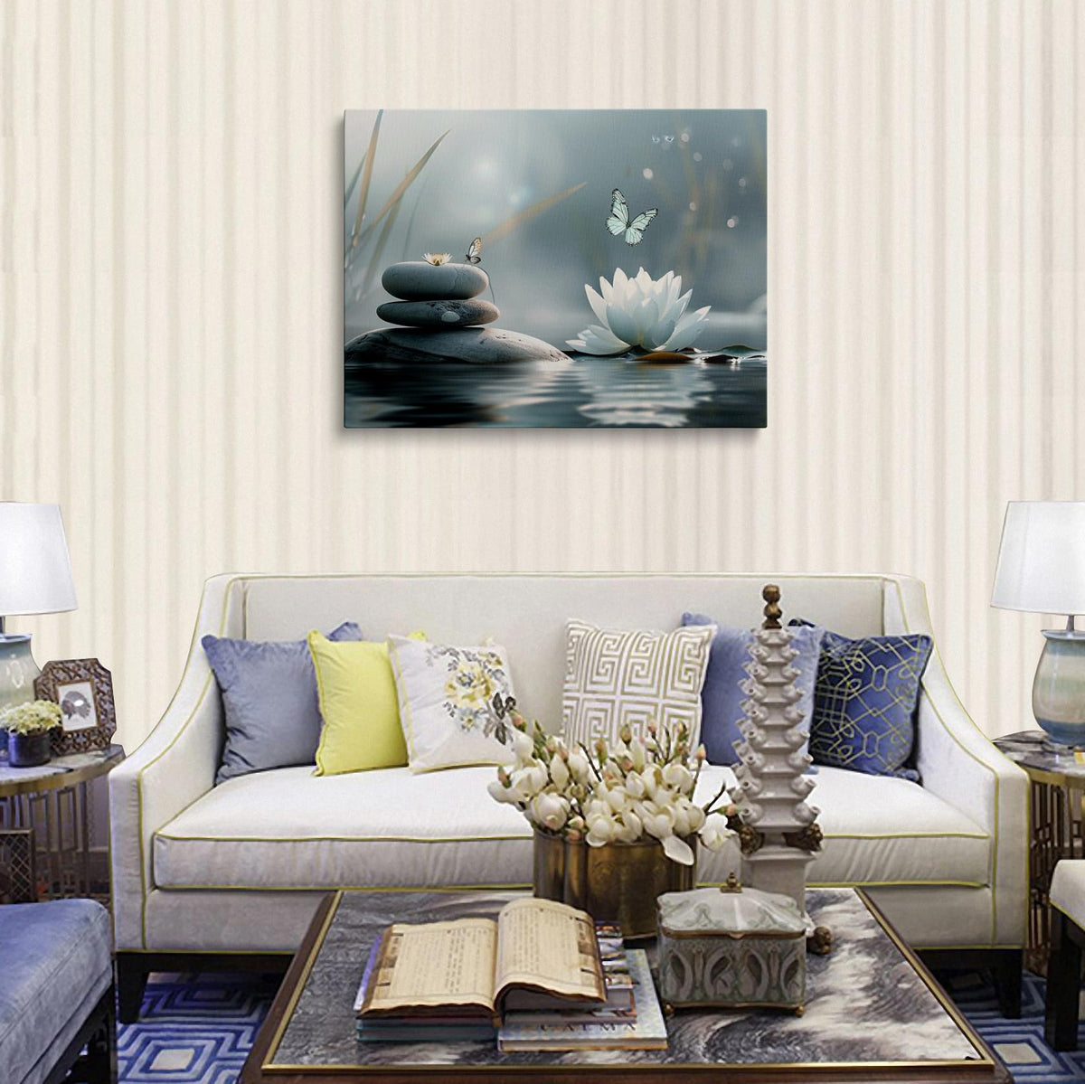 Zen Lotus Canvas Wall Art Framed Style Butterfly Bathroom Decor 12x16 Inch (Zen Lotus 04 / 16"L x 12"W)