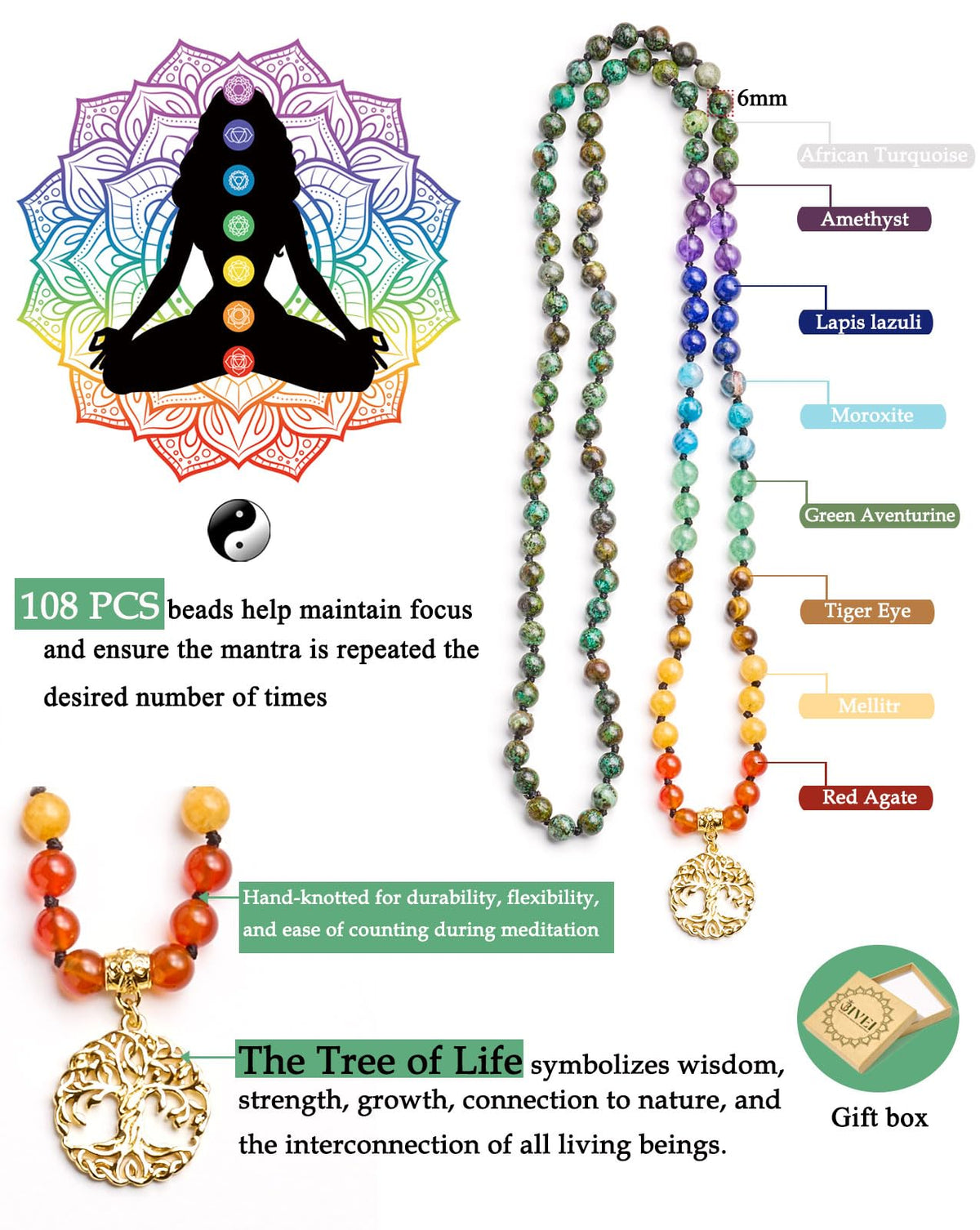 108 Mala Beads Necklace Life Tree Charm Real 7 Chakra Gemstone Long Beaded Necklace Prayer Yoga Meditation Hand Knotted Wrap Bracelet (6mm / 7 Chakras Stone)