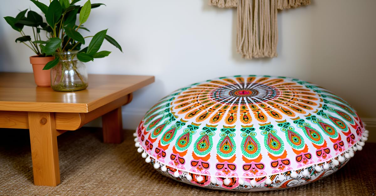 Large Round seat Floor Cushion Chair Ottoman Cover Pouf Pillow Meditation Floor Cushions for Adults Seating pouffe Ottoman Throw Covers Craft Room Furniture for Sitting Cover 22 Inches (Musturd)