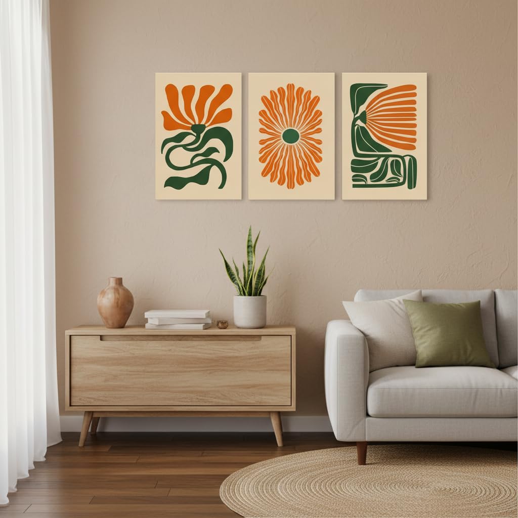 3 Pcs Mid Century Floral Canvas Wall Art (Beige flowers / 16"L x 12"W)