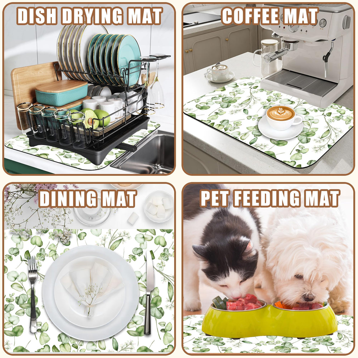 Eucalyptus Leaves Dish Drying Mat for Kitchen Counter Coffee Mat Hide Stain Absorbent Rubber Backed Drying Rack Pad Espresso Machine Coffee Bar Accessories 15.7 x 23.6 Inch (15.7" x 23.6")