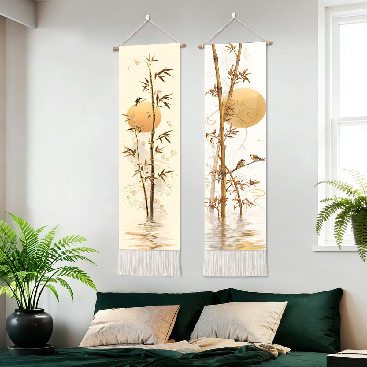 2 Pack Long Vertical Wall Tapestry (Bamboo Rustic Motif / 13"Wx51"H)