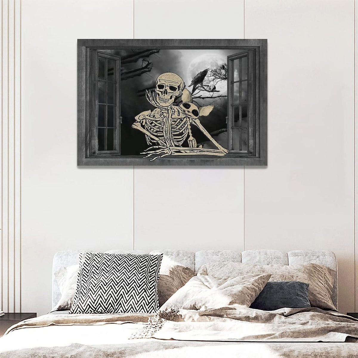 Retro Gothic Skull Bathroom Decor Wall Art Funny Skeleton Black and White Pictures Wall Decor Modern Goth Home Halloween Dark Style Canvas Prints Painting Framed Artwork For Bedroom Living Room (Gothic / 16"L x 24"W)