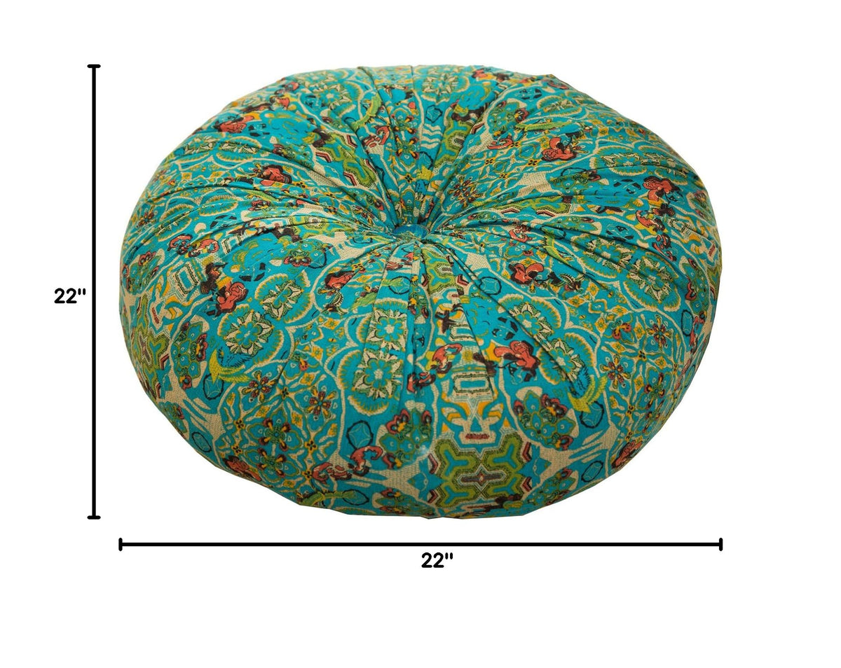 Moroccan Printed Round Chair Pads Cotton Linen Soft Comfort Chair Cushion Colorful Pompom Seat Cushions for Indoor Dining Room and Kitchen Chairs (22x22 Inch / Blue)