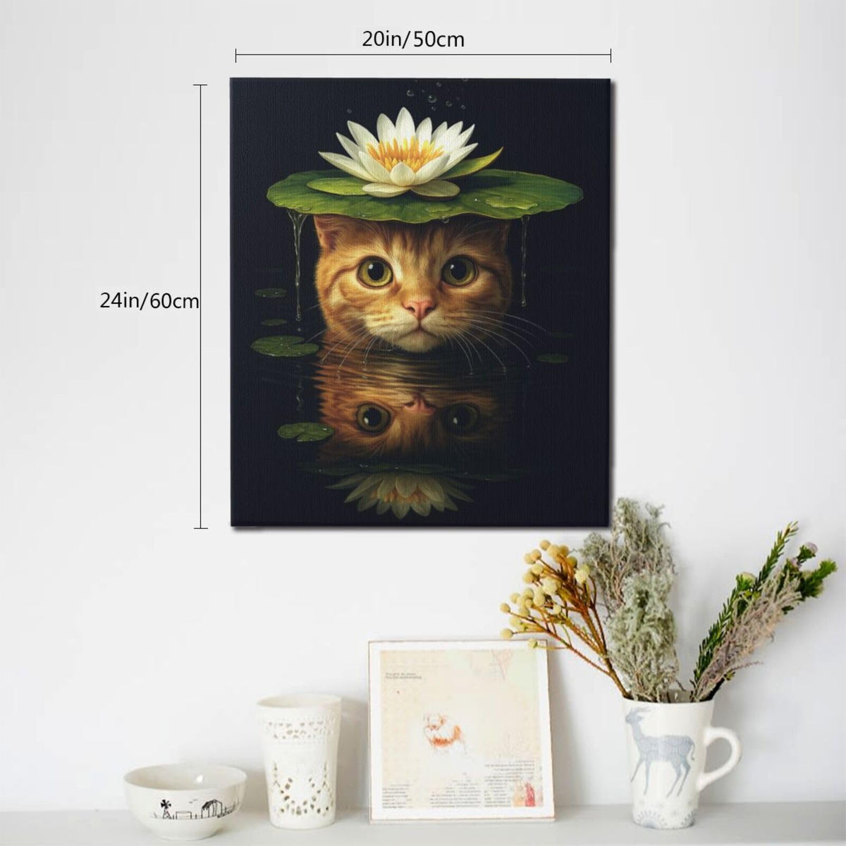 Cat Bathroom Wall Art For Woman Water Lily Kitten Canvas Wall Decor Oriental Asian Pictures Paintings Prints Vintage Aesthetic Artwork Framed Decorations For Bathroom Bedroom Living Room Office Gifts 20" x 24" (Waterlily Cat / 24"L x 20"W)