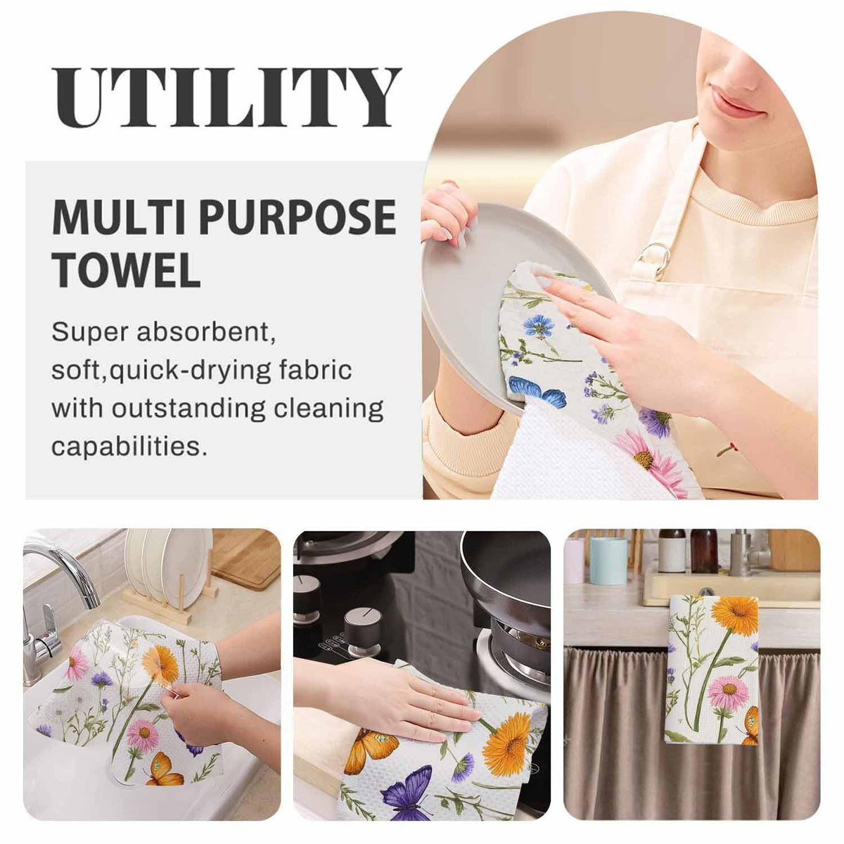 Vintage Floral Waffle Kitchen Dish Cloths Herbs Wild Flowers Botanical Colorful Ultra Soft Absorbent Quick Drying Dish Towels 16 X 24 Inches Set of 2 (Vintage Floral)