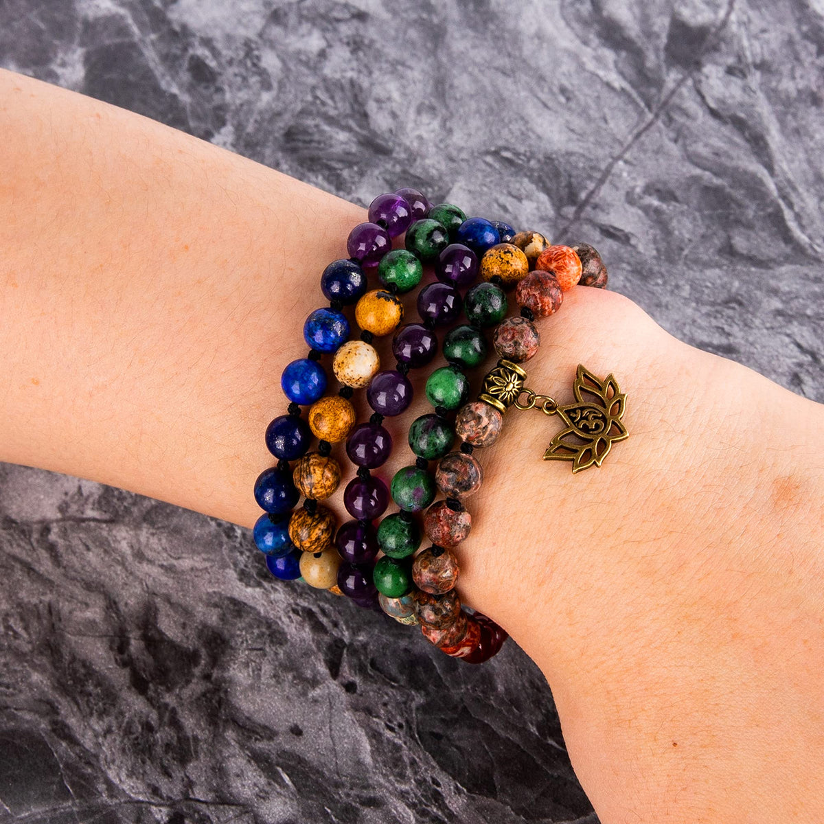 7 Chakra 108 Mala Beads Bracelet Real Gemstone Yoga Meditation Hand Knotted Mala Prayer Bead Necklace (8mm / # Lotus OM - 7 Chakras)