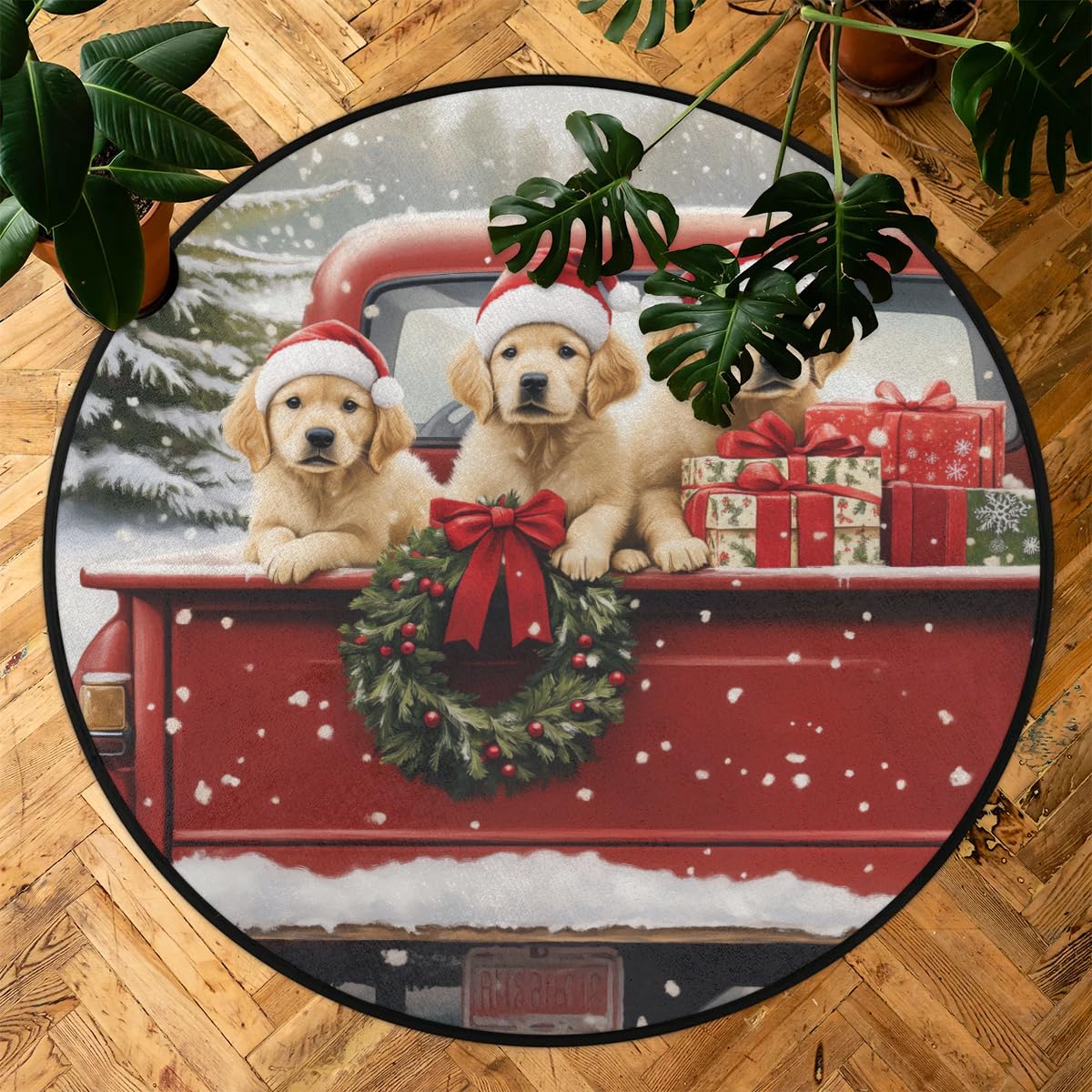 Christmas Red Truck Dog Round Area Rug 3Ft Circle Rugs Carpet Floor Mat (3 ft / Dog)
