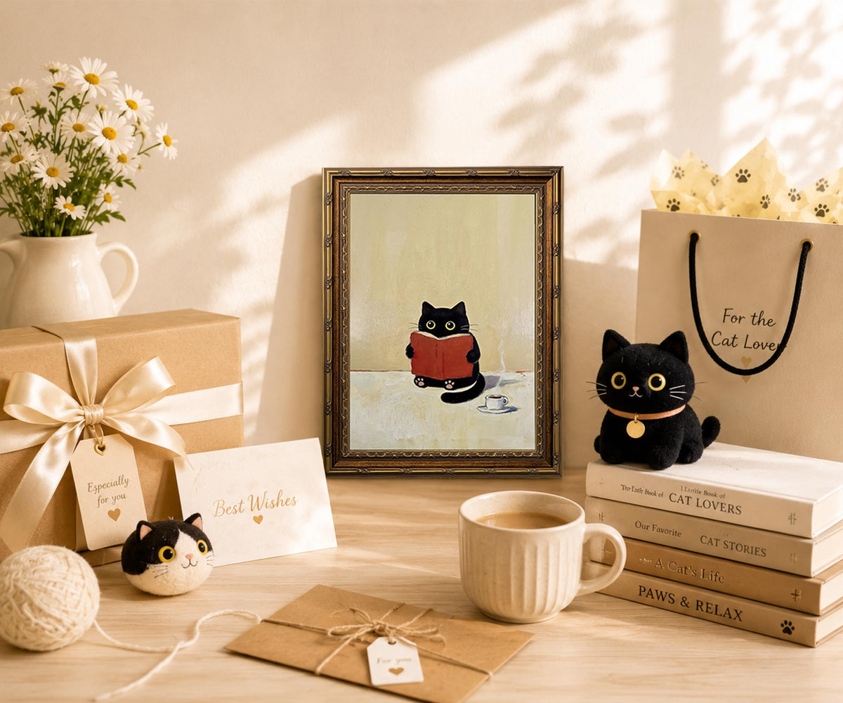 Vintage Gold Framed Cute Black Cat Canvas Wall Art (Antique Gold, Black, Red, Beige / 12"L x 16"W)