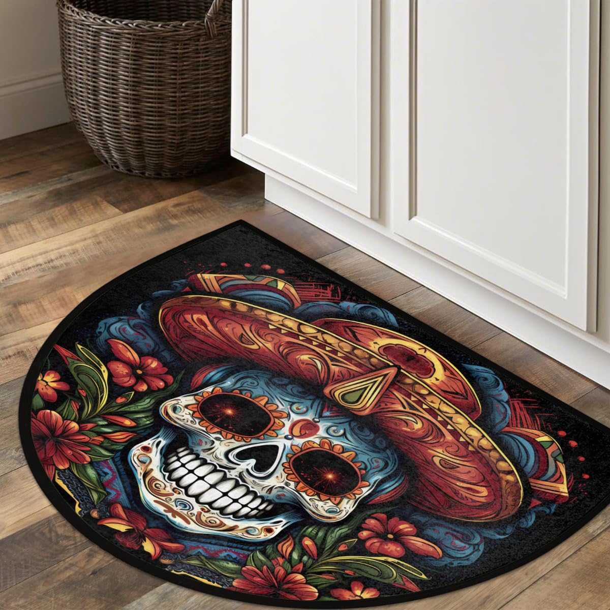 Skull Half Round Doormat Washable Semi Circle Rug Kitchen Outdoor Rugs (A07skull Halloween)