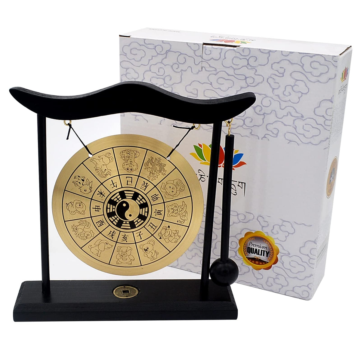 Zen Art Brass Chinese Zodiac Mini Gong For Desk With Mallet Instrument Bagua Home Decor Table Top (FH1304)