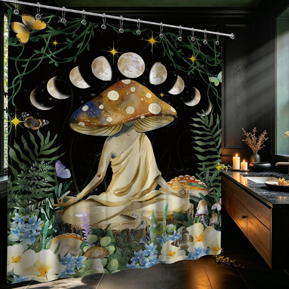 Funny Mushroom Shower Curtain Zen Meditation Cottage Core Shower Curtains for Vintage Bathroom Decor Sets (Meditation / 70"W x 78"L (Pack of 1))