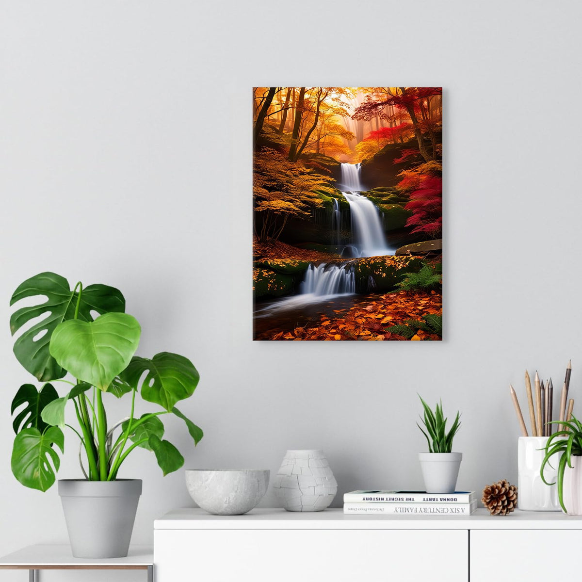 Waterfall Wall Art Burnt Orange Fall Tree Wall Decor Nature Tropical Forest Landscape Pictures for Living Room Maple Trees Painting Canvas Prints River Scenery Artwork Bedroom Home Decorations 12x16" (12"L x 16"W / Fall03)