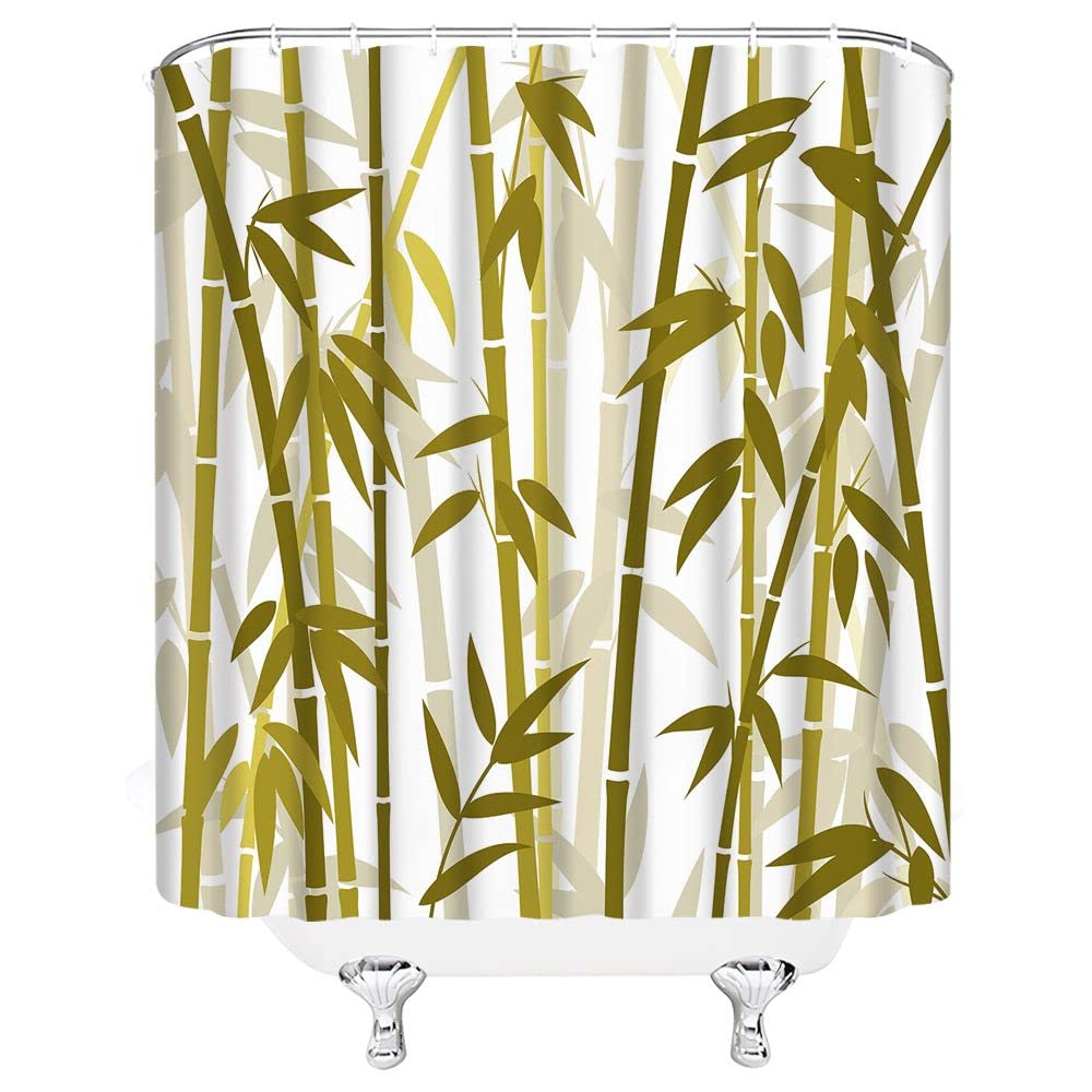 Bamboo Shower Curtain Green Bamboo Forest Tree Japanese Asain Art Rustic Vintage Wild Nature Plant Scenic Watercolor Fresh Spa Fabric Bathroom Sets with Hooks (Tan / 36"W x 70"L (Pack of 1))