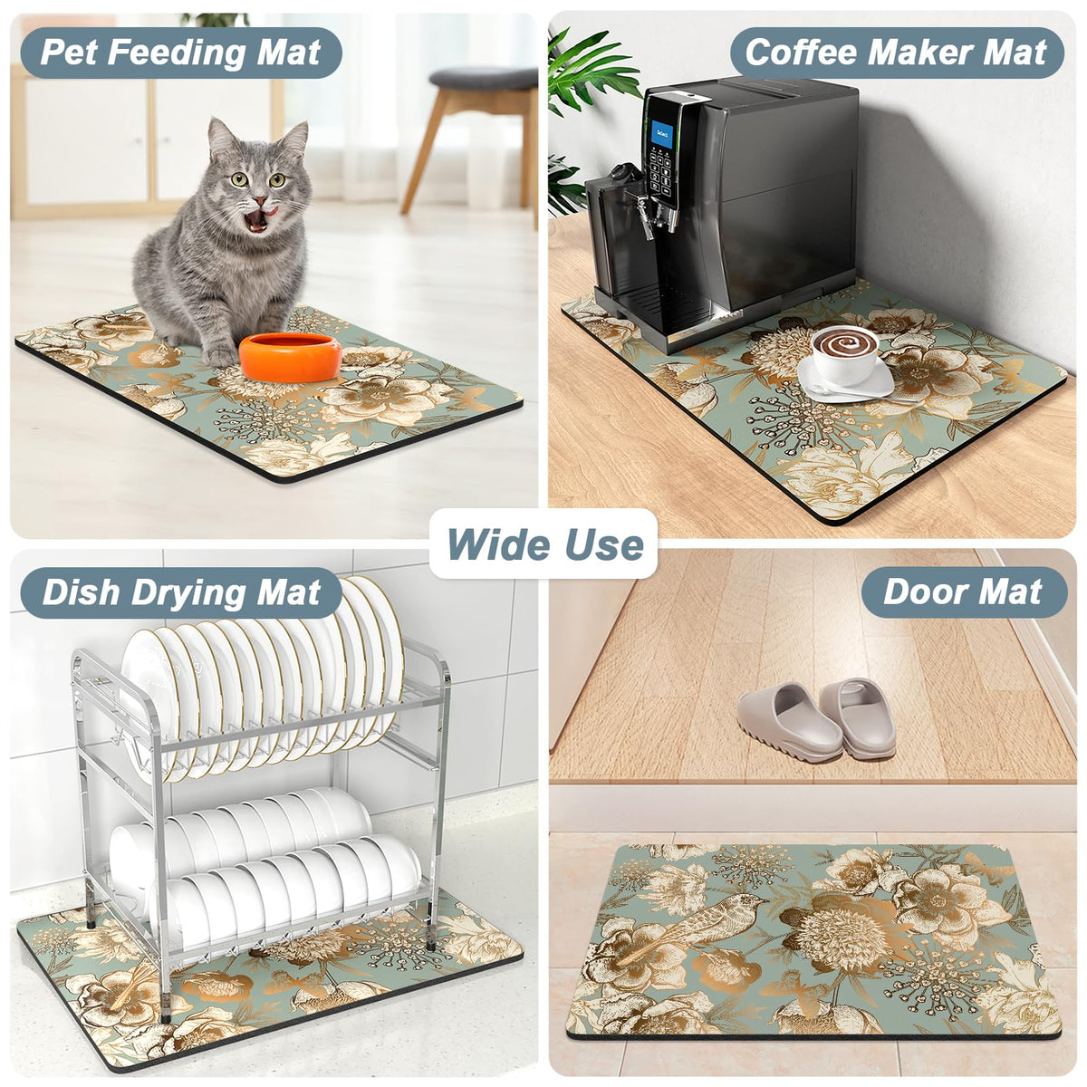 Coffee Mat 12" x 19" Cute Coffee Bar Mats for Espresso Machine Station Accessories and Organizer (Retro Flower / 12" x 19")