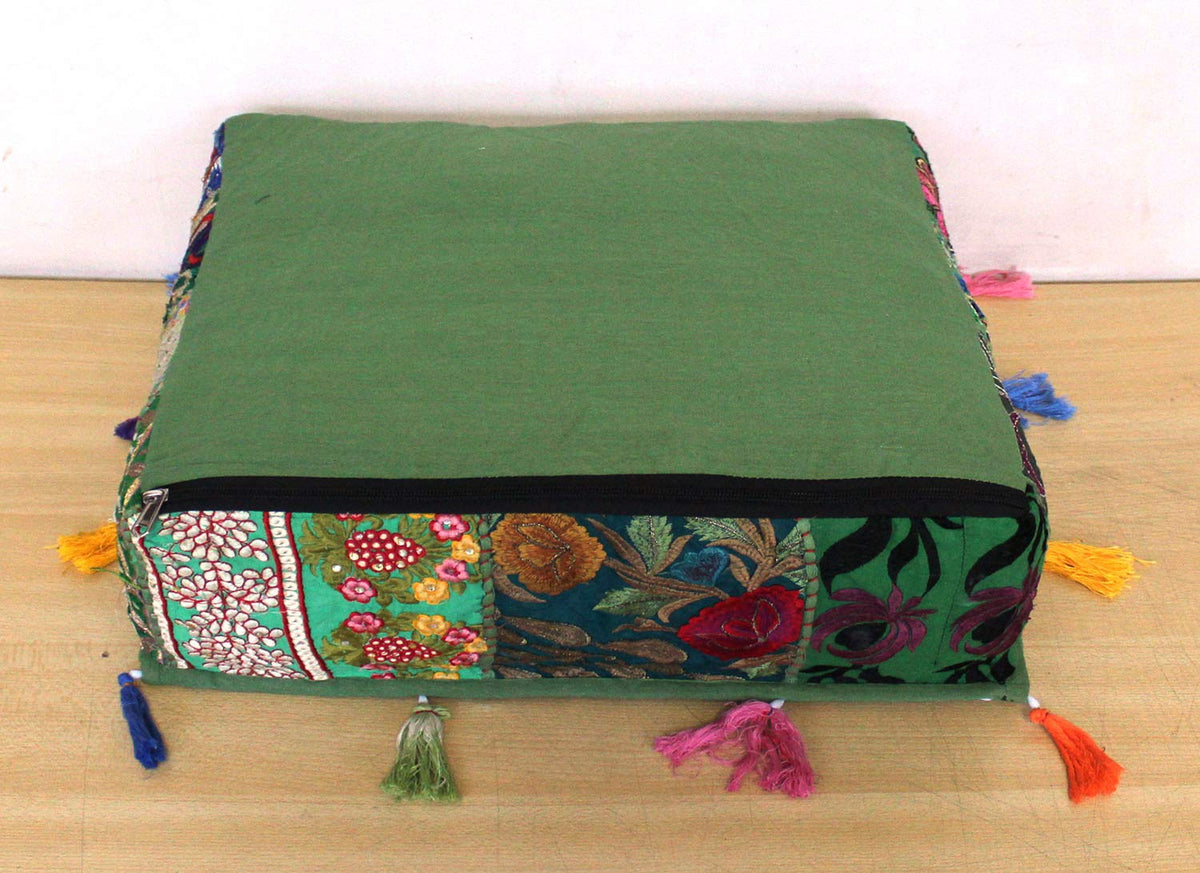 Square Patchwork Pouf Cover 16x16x5 Inch (16"D x 16"W x 5"H / Light Green)