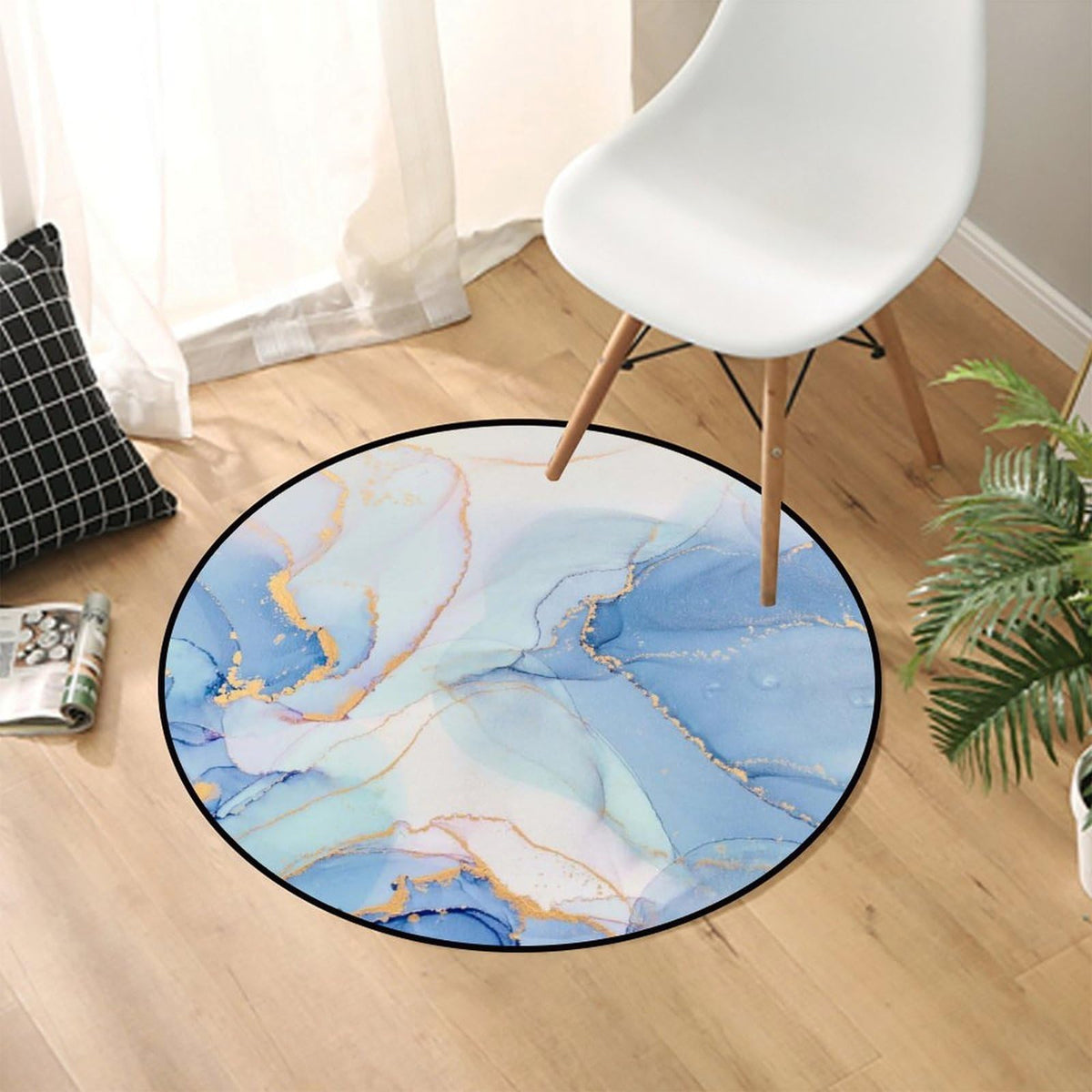 Round Area Rugs 3 FT Washable Non Slip Circle Rug (Light Blue Marble Gilded Texture / 3' (Round))