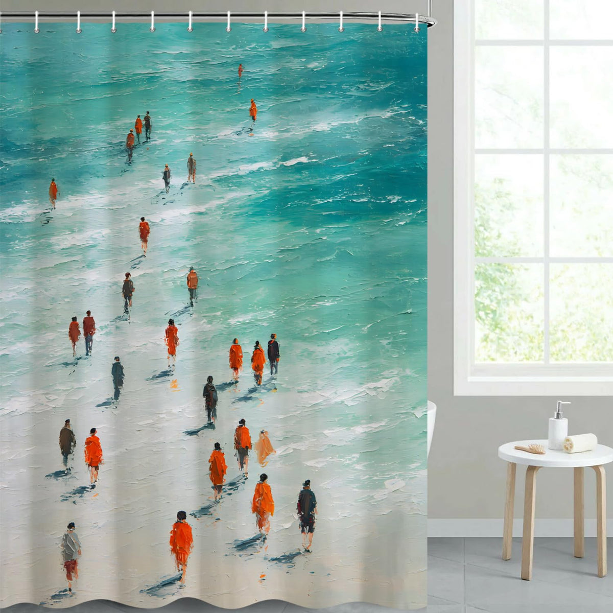Coastal Beach Watercolor Shower Curtain with Hooks (Sea Walk)