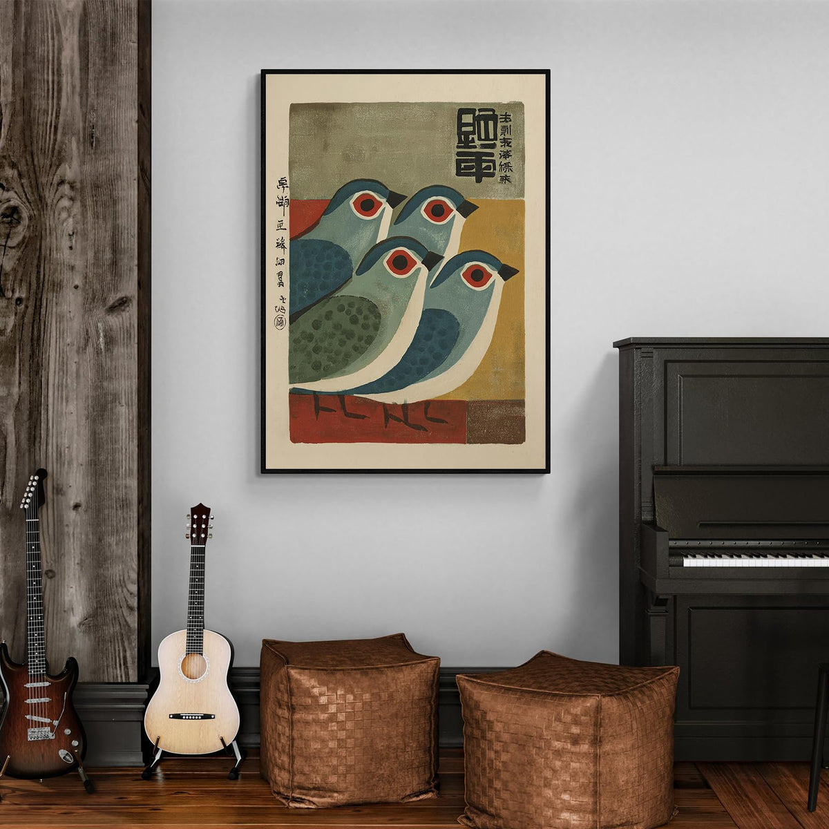 Japanese Mid Century Blue Bird Black Framed Posters Prints Vintage Animal Wall Art 20x30 inch Minimalist Bird Painting Rustic Artwork for Asian Lndie Room Bedroom Living Room Decor Ready to hang (Black Framed / Japanese Picture / 30"L x 20"W)