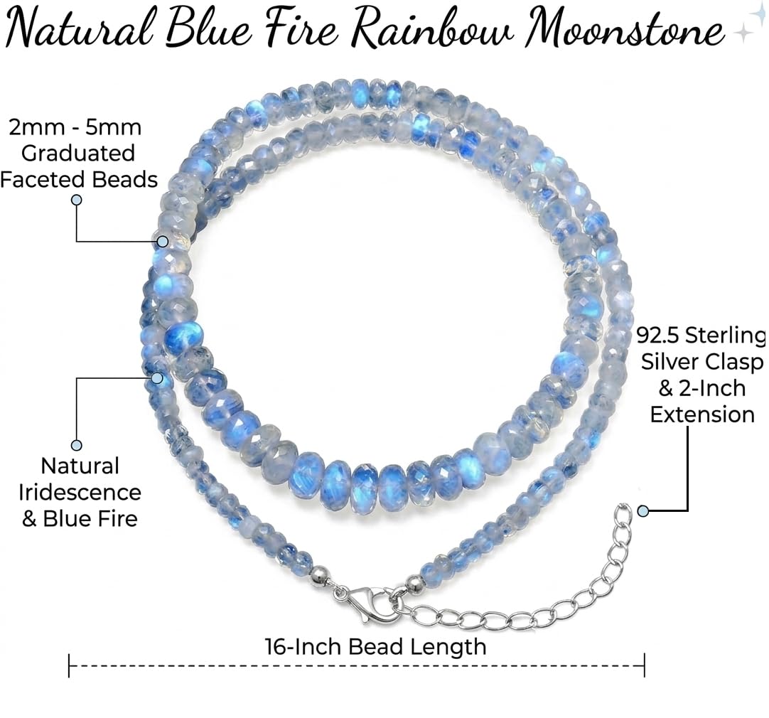 Faceted Blue Fire Rainbow Moonstone Beaded 16 inch Necklace with Additional 2 inch 92.5 Sterling Silver Extension Bead Size Varies from 2mm to 5mm (Natural Rainbow Moonstone)