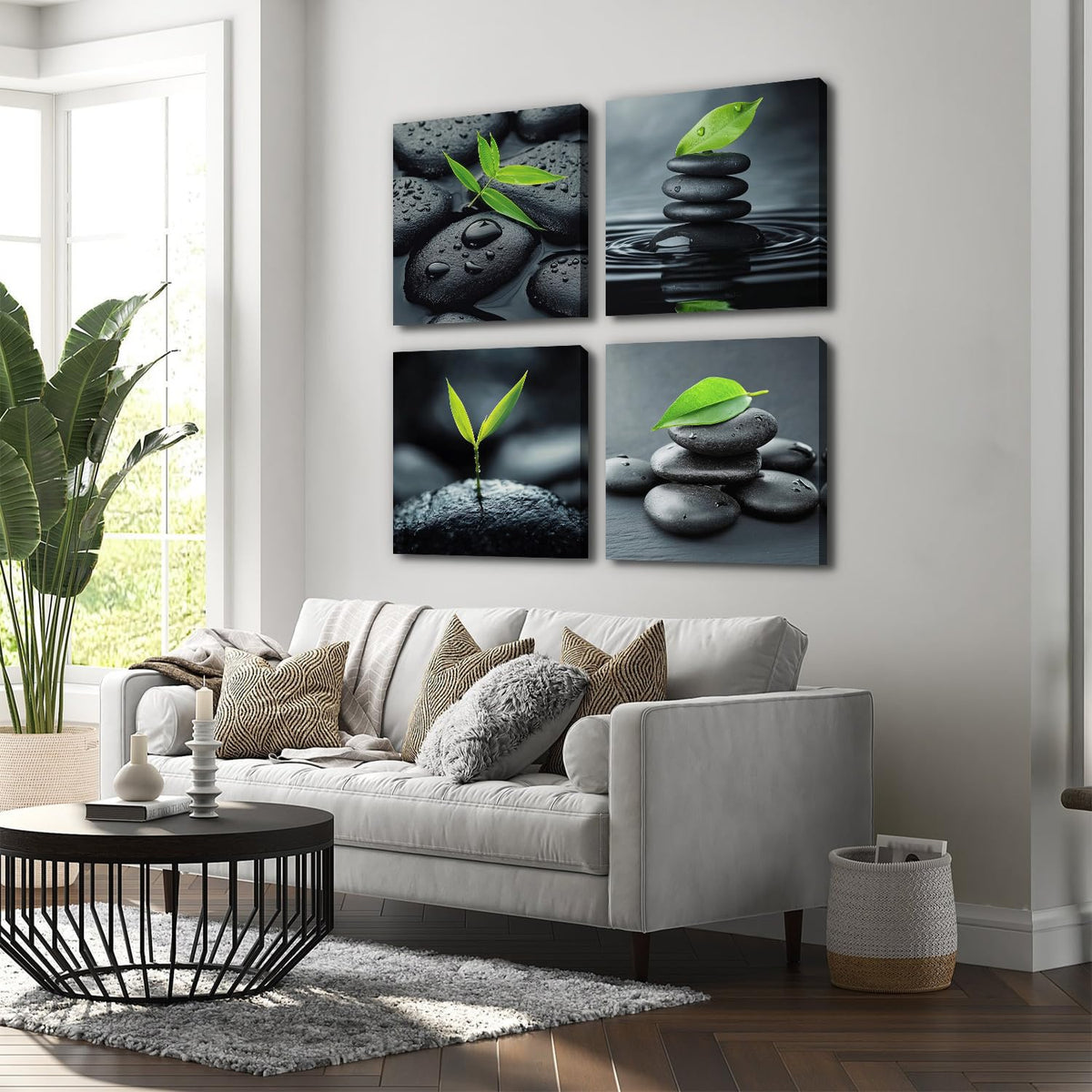 Zen Bathroom Wall Art Stone Green Leaves Black and White Wall Decor Bedroom Yoga Spa Photo Set of 4 (20"L x 20"W / Zen)