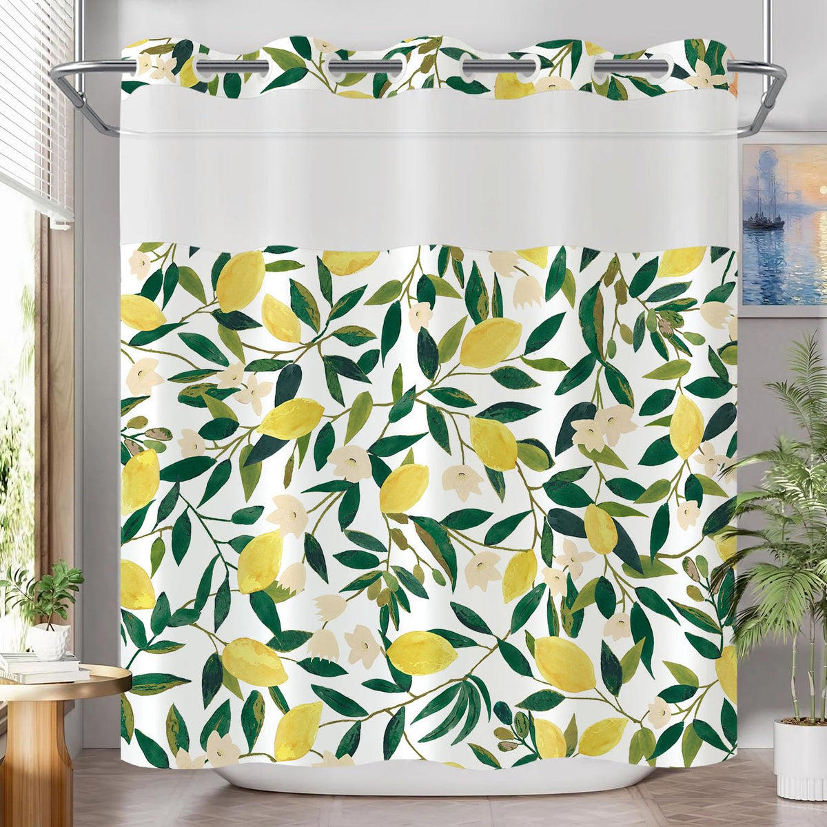 No Hook Shower Curtain with Snap in Liner (Hookless Lemon / 72"W x 74"L (Pack of 1))