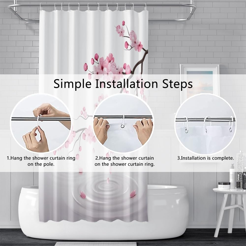 Cherry Blossom Shower Curtain Japanese Blooming Pink Floral Cherry Branch Bathroom Curtain Classic Japanese Culture River Ripple Flower Branch White Shower Curtains Set with Hooks 70x72 Inch (70"W x 72"L (Pack of 1) / Pink-35)