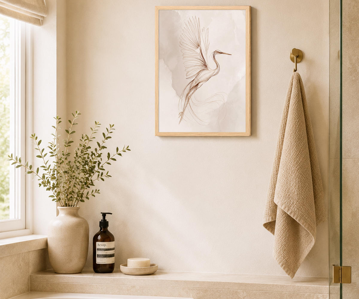 Framed Modern Minimalist Japandi Heron Line Art Canvas Wall Art (Beige, Cream, Warm White, Terracotta Brown / 12"L x 16"W)