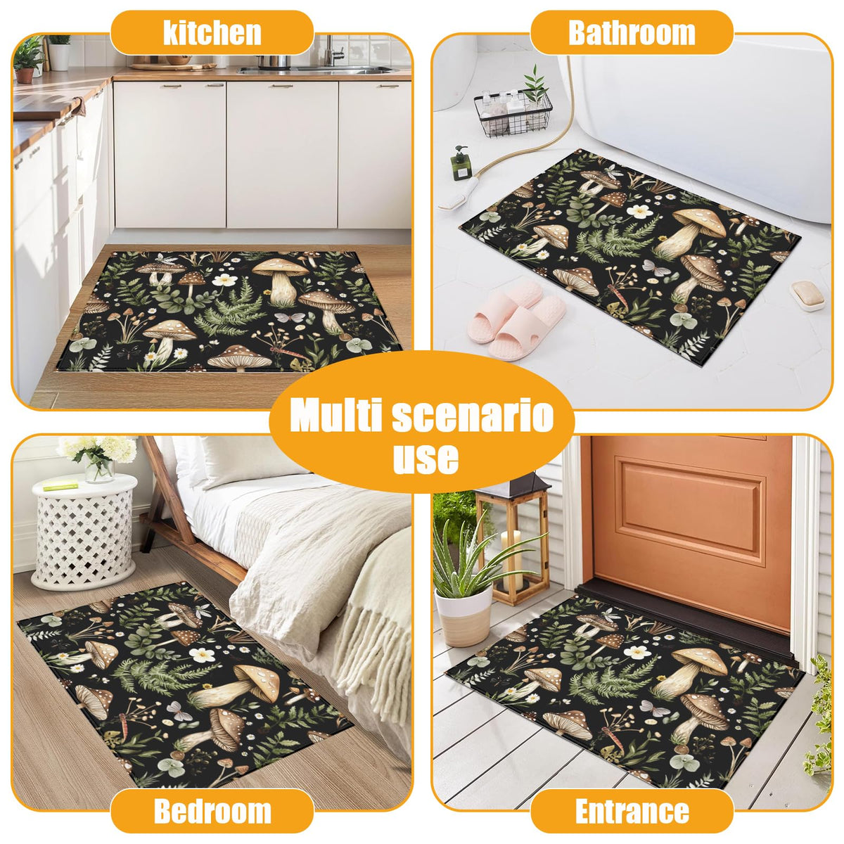 Vintage Mushroom Bath Mat for Bathroom (Forest Mushrooms)