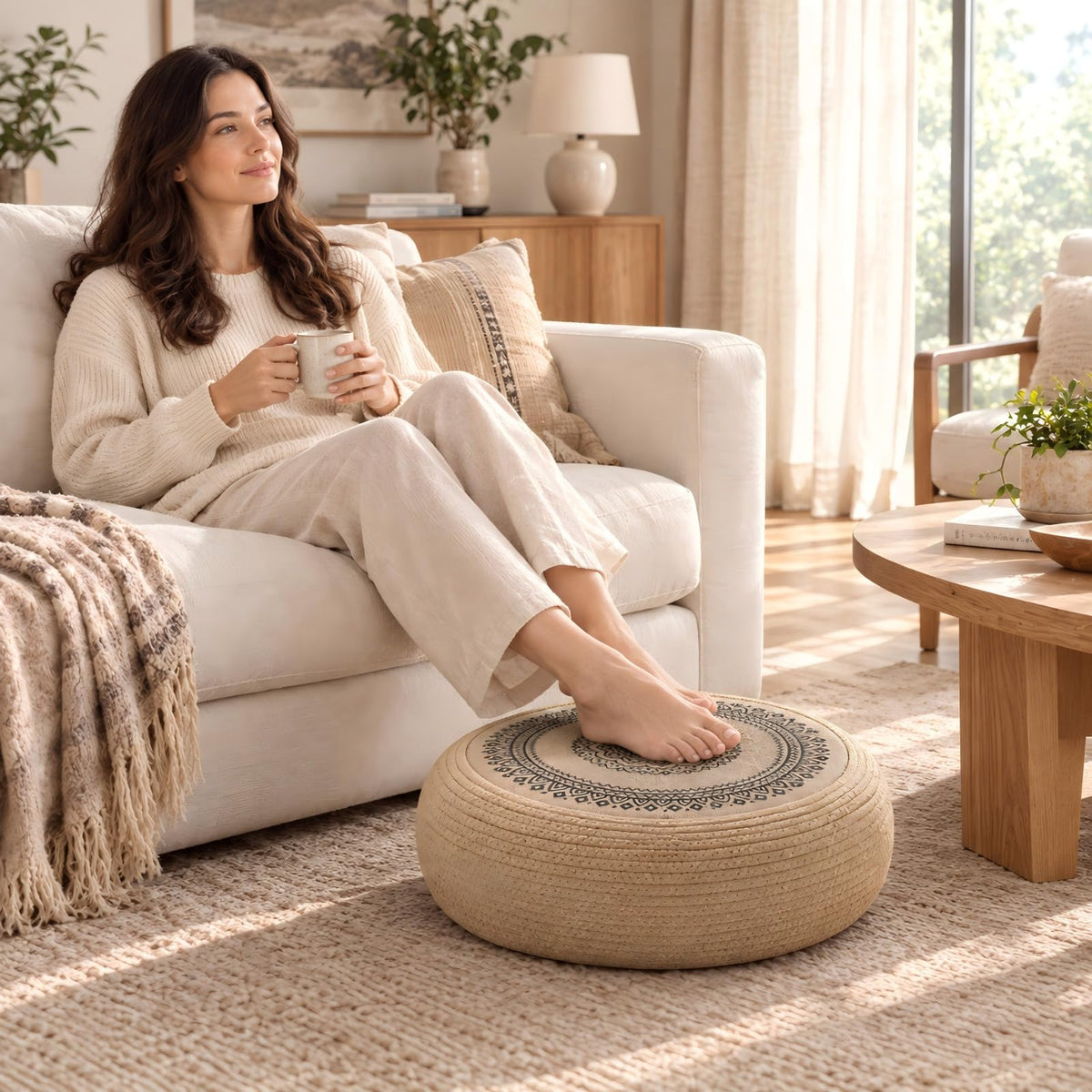 Handwoven Jute Pouf Ottoman (Yellow Brown Black / 19.7"D x 19.7"W x 7.9"H)