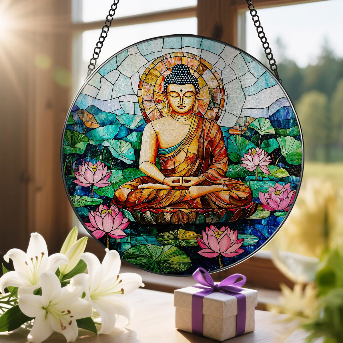 8 Inch Buddha Stained Glass Suncatcher & Ornament (Buddha)