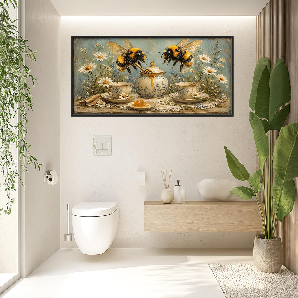 Large Framed Vintage Bee Honey Wall Art Daisy Wall Decor 60"x30" (Bee / 60"L x 30"W)