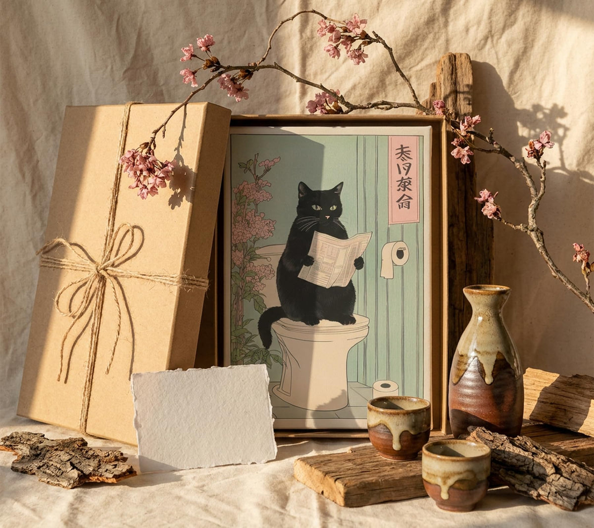 Japanese black cat on toilet Canvas Wall Art Funny bathroom print Toilet poster Japanese Cat Wall Decor Pictures Aesthetic Minimalism Artwork Neutral Painting Home Decoration (Canvas / 24"L x 16"W)