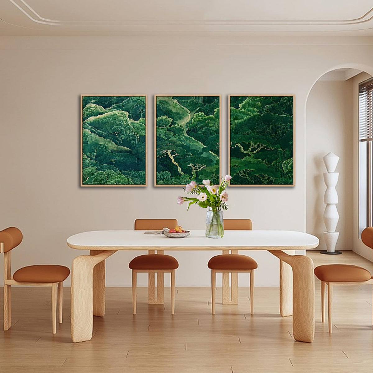 3Pcs Green Japanese Forest Wall Art Ukiyoe Nature Mountain Canvas Prints (Green Forest / 16x24 Inches)