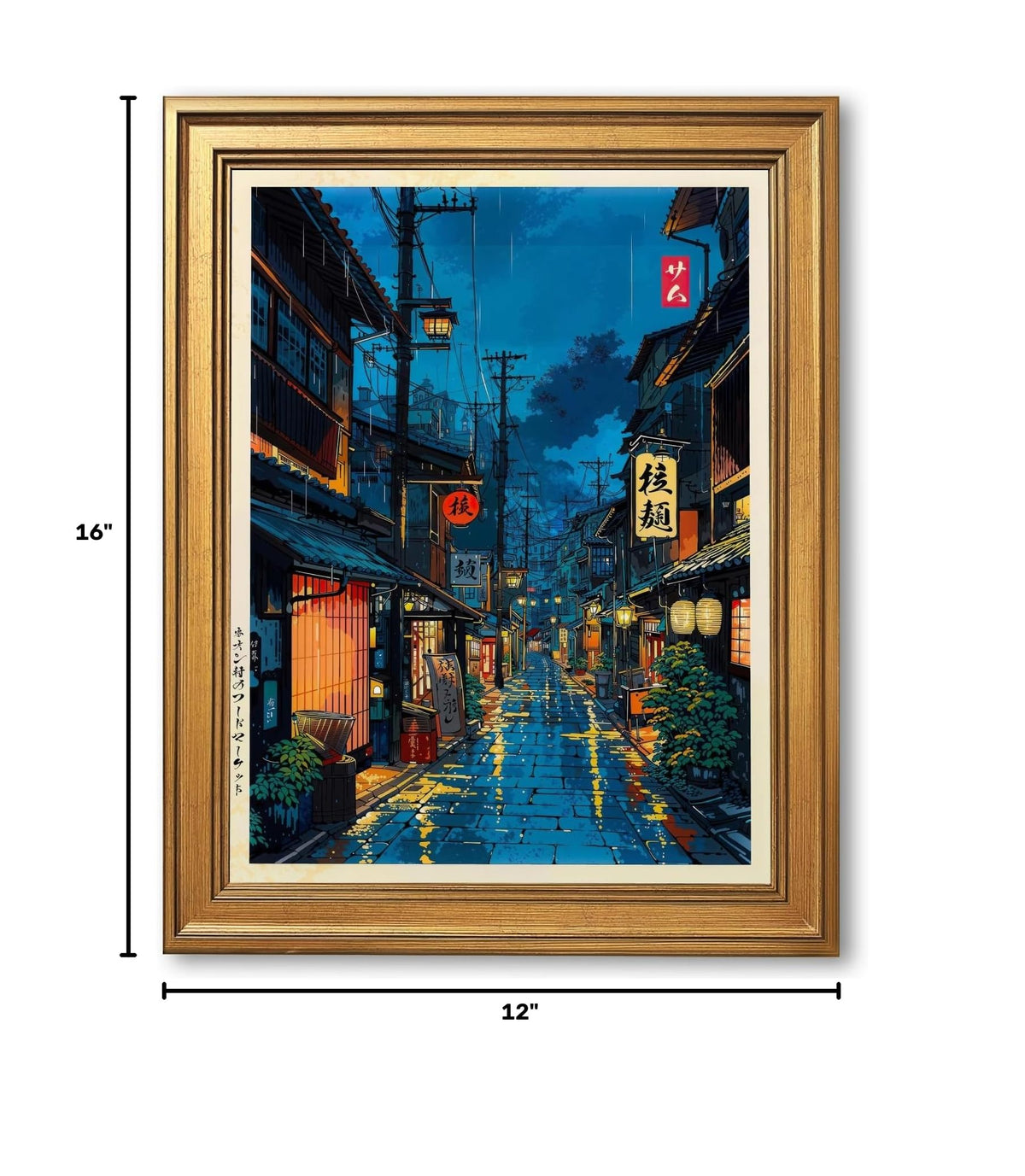 Japanese Tokyo Tea House Wall Art Poster Kyoto Night Street Art Canvas Print Retro Japan Illustration Wall Decor Vintage Urban Street Scene for Bedroom Living Room Aesthetic 12x16inch Vintage Framed (12"L x 16"W / style-1 Vintage Framed)