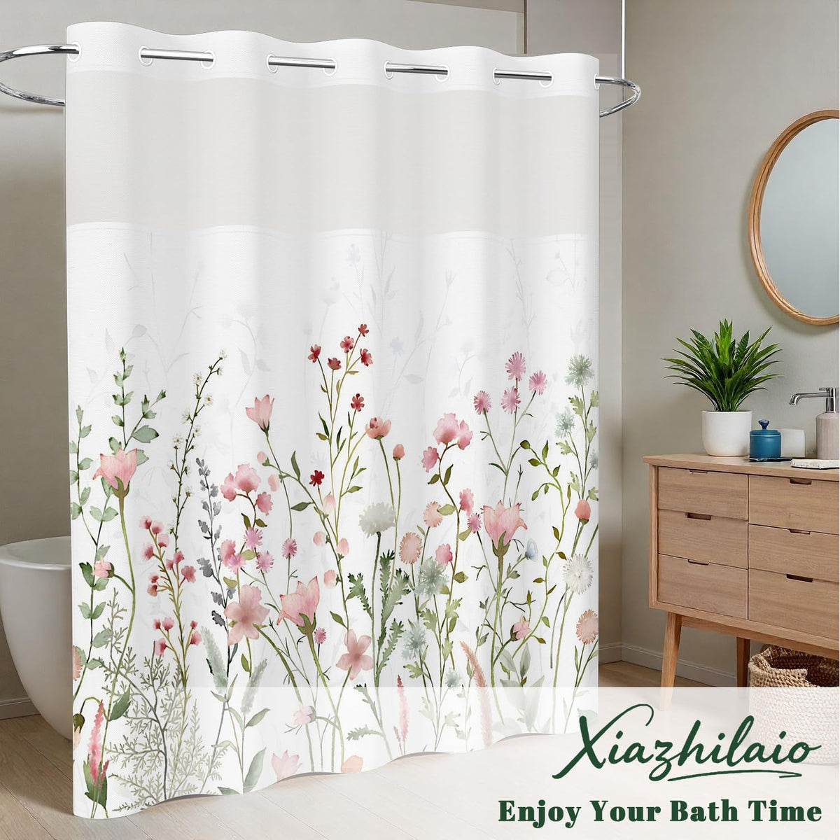 Pink & White Floral Shower Curtain with Snap in Liner (Floral-4)