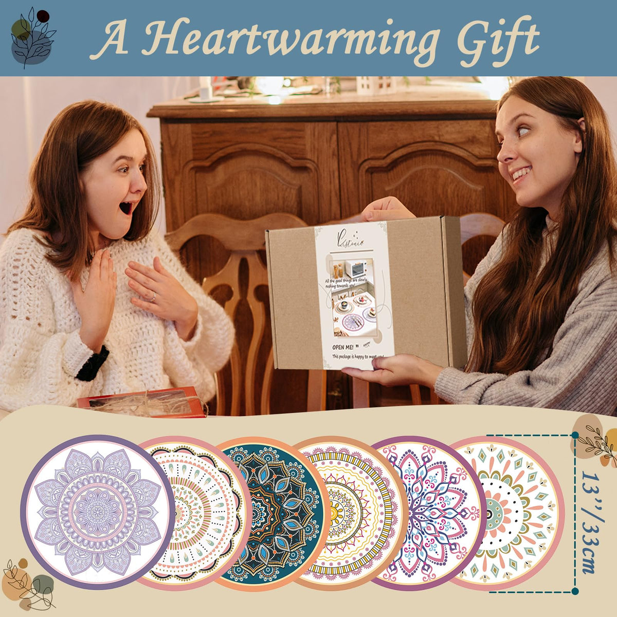Set of 6 Boho Round Placemats Waterproof Textured Vinyl Placemats for Dining Table Heat Resistant Dining Mats Washable Place Mats Mandala Round End Table Mat Bohemian Table Settings (F)