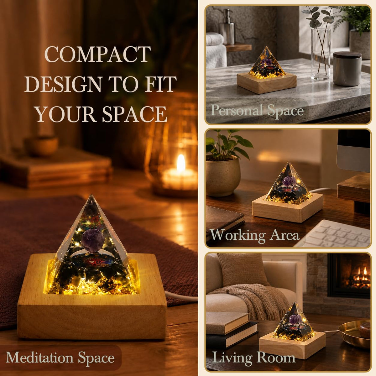 Orgone Pyramid Lamp with LED Wooden Base (Plug-in-Protective Shield)