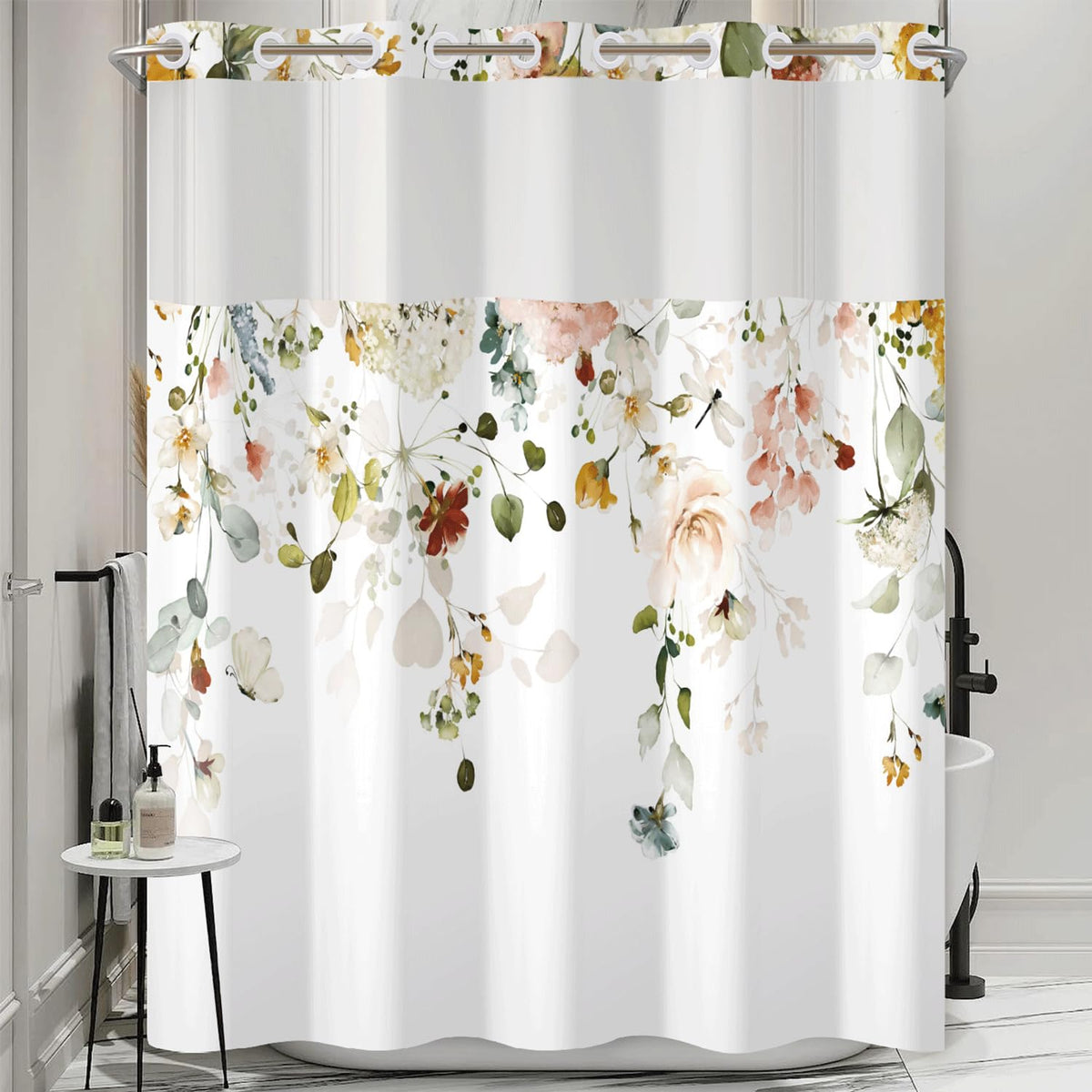 No Hook Shower Curtain with Snap in Liner (Hanging Botanical)