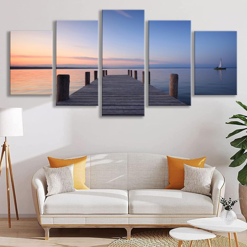 5 parts Bridges over the Sea Large Canvas Prints Wall Art Seascape Pictures Paintings for Bathroom Living Room Home Decorations 3 Panels Modern Gallery Wrapped Ocean Sea Beach Giclee Artwork (16x24inchx2,16x32inchx2,16x40x1 / blue 3)