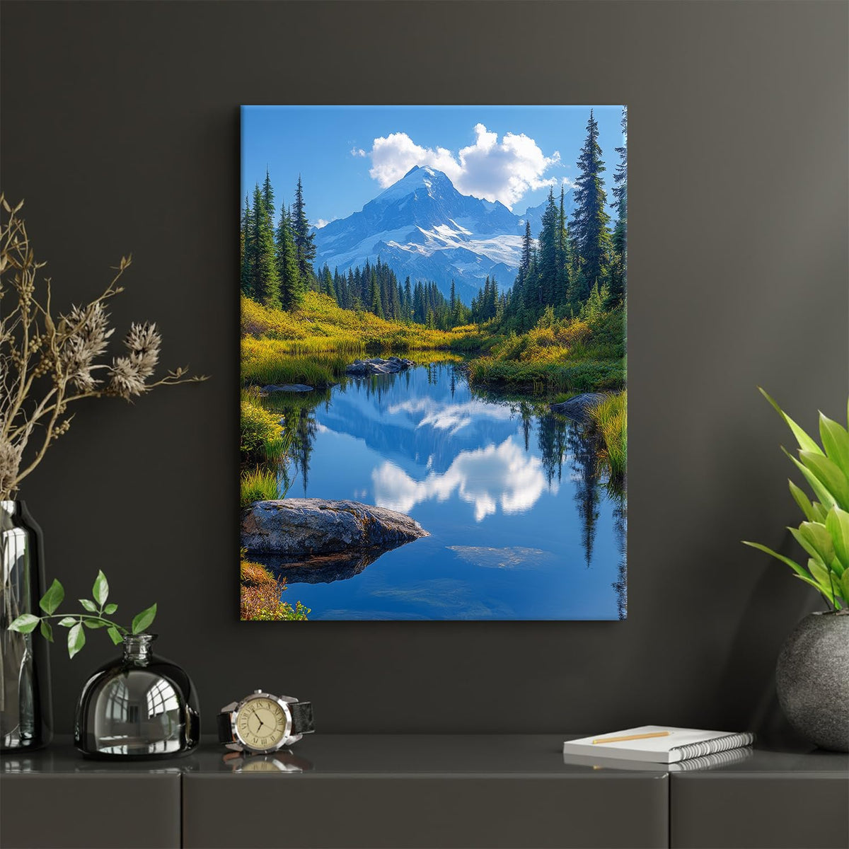 Mount Rainier Wall Art Nature Landscape Canvas Pictures Living Room Decor National Park Posters Green Pine Tree Mountain Prints Painting Blue Lake Reflection Artwork for Living Room Home Decoration 12x16" (16"L x 12"W / Mount Rainier)