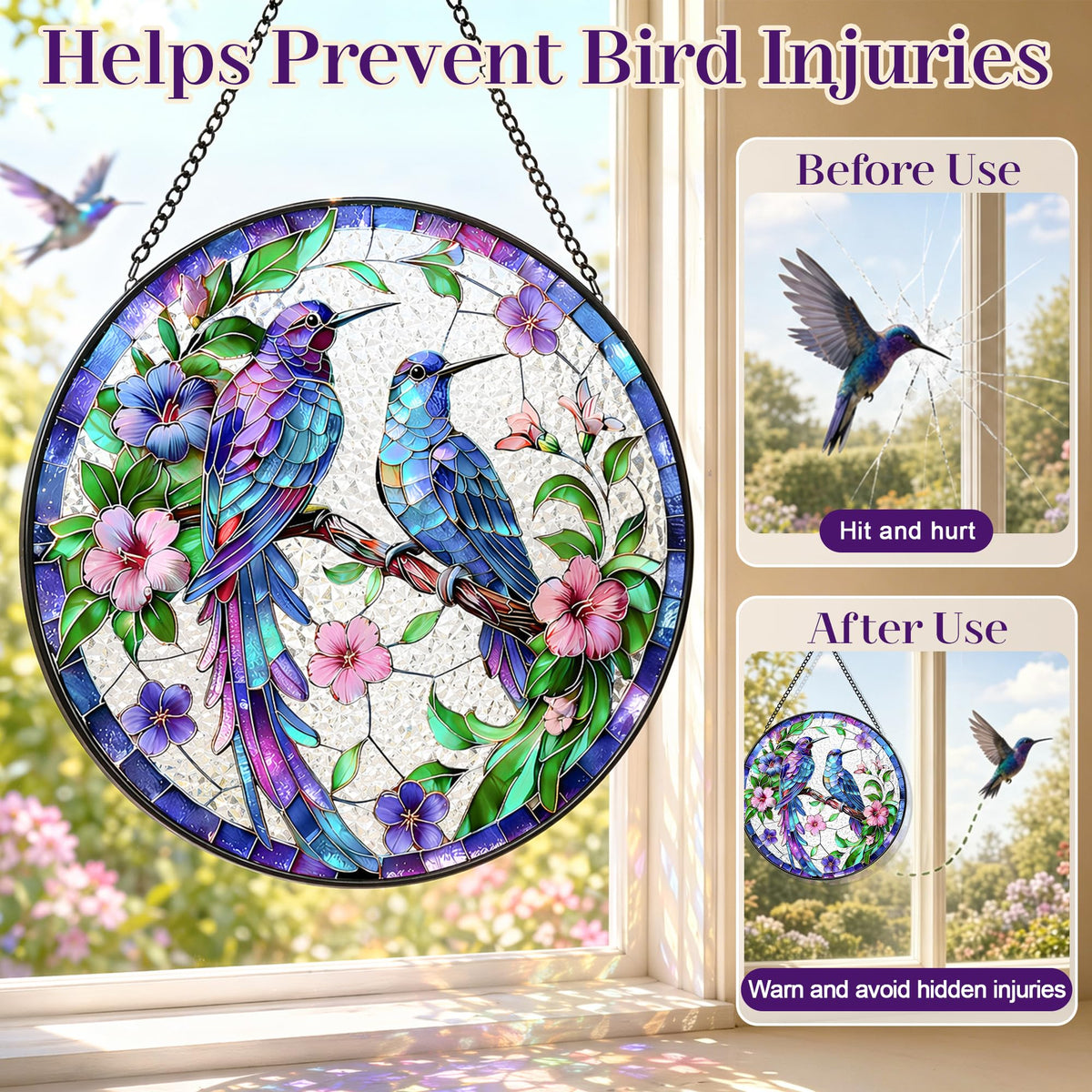 Hummingbird Stained Glass Window Hanging (Hummingbirdsuncatcher07)