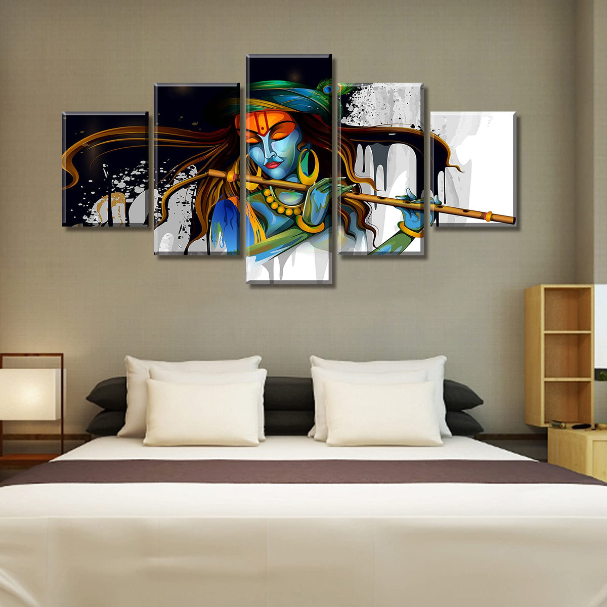 Hindu God Krishna Canvas Wall Art for Living Room 60" Wx32 H (60"W x 32"H / artwork-xbf1)